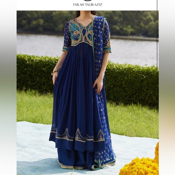 Farah Talib Aziz Dresses & Skirts - Women's Navy Blue Embroidered Anarkali Dress